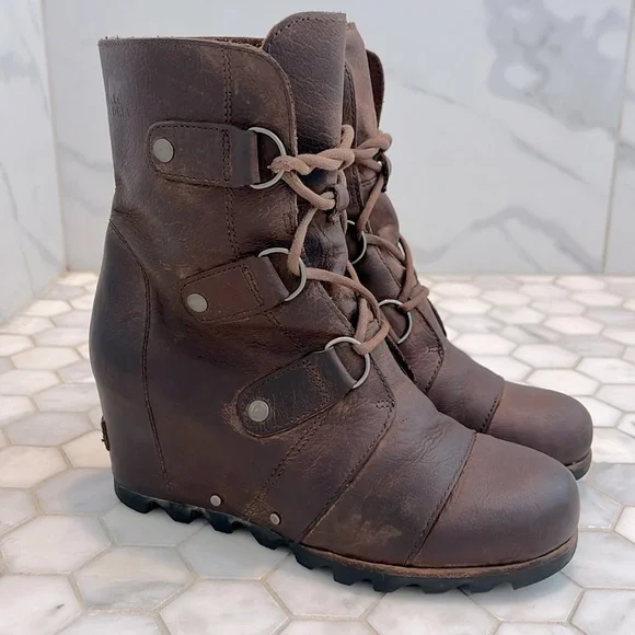 SOREL Joan of Arctic ll Wedge Tobacco Brown Leather Mid Boot Waterproof Bootie - Picture 3 of 14